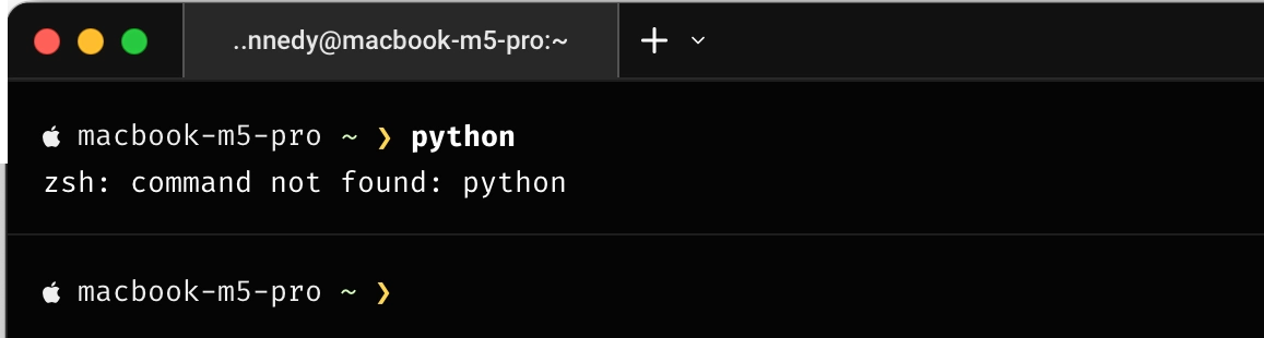 A terminal window showing a 'python: command not found' error โ the problem this guide solves